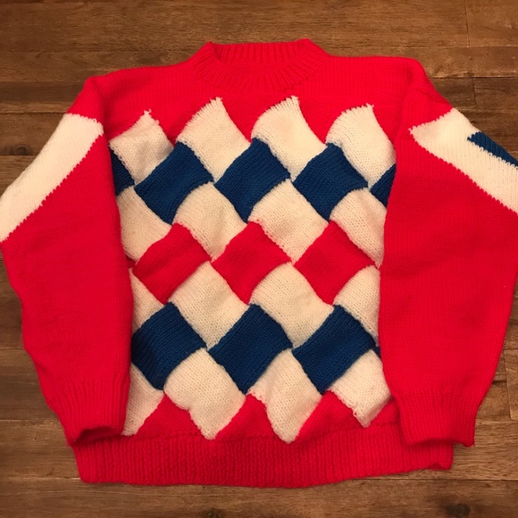 Hand Knit Kids Sweater Basket Weave Pattern - Picture 1 of 3